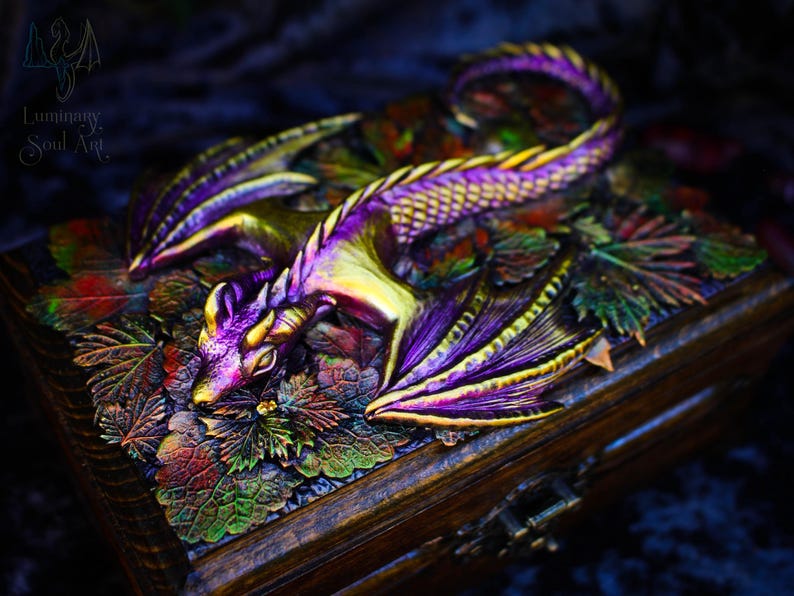 Golden dragon wooden chest Fantasy handmade mystical creatures box Brutal reptilian decoration box Gift for men husband father friend 23/08 image 14