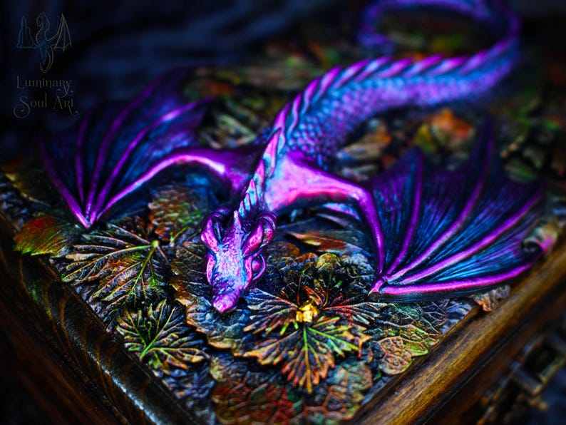 Golden dragon wooden chest Fantasy handmade mystical creatures box Brutal reptilian decoration box Gift for men husband father friend 23/08 image 9