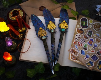 Fantasy Forest Ballpoint Feather Pen, Mystery Leather Fountain Dip Pen, Green Witch Valentine Gift, Handmade Refillable Magician Fairy Pen