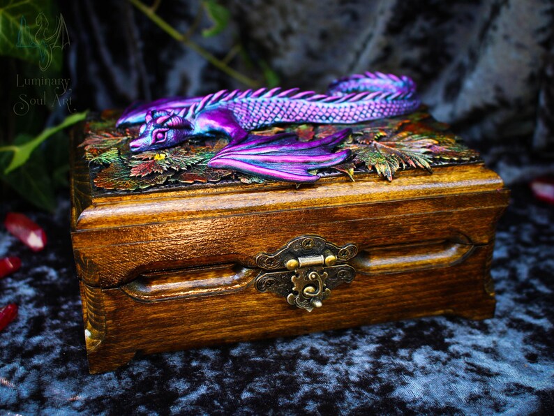 Golden dragon wooden chest Fantasy handmade mystical creatures box Brutal reptilian decoration box Gift for men husband father friend 23/08 image 12