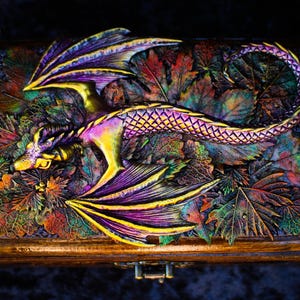 Golden dragon wooden chest Fantasy handmade mystical creatures box Brutal reptilian decoration box Gift for men husband father friend 23/08 image 17