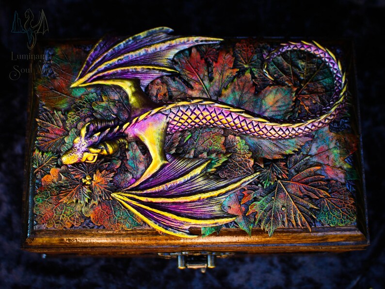 Golden dragon wooden chest Fantasy handmade mystical creatures box Brutal reptilian decoration box Gift for men husband father friend 23/08 image 17