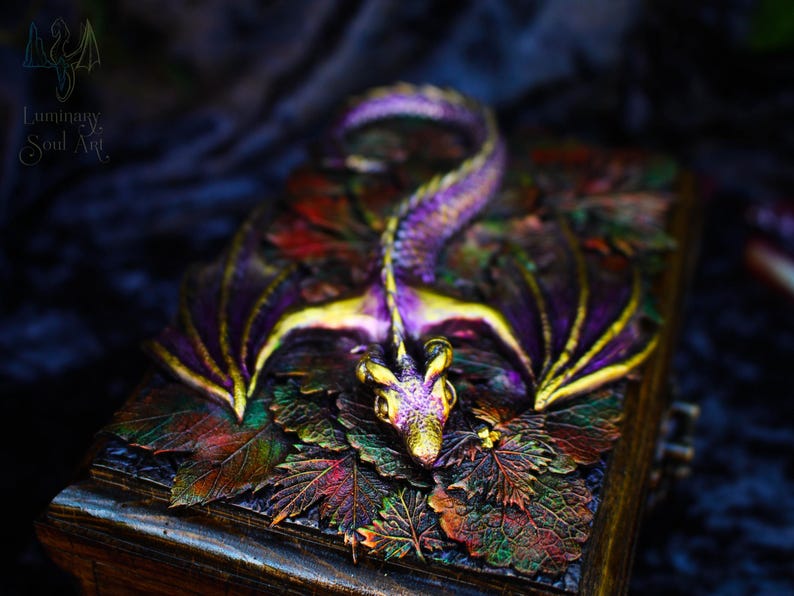 Golden dragon wooden chest Fantasy handmade mystical creatures box Brutal reptilian decoration box Gift for men husband father friend 23/08 image 18