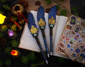 Feather leather space custom pen Handmade star sky fountain cosmic ball point Witch book fantasy refillable pen Celestial decor galaxy gift