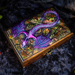 Golden dragon wooden chest Fantasy handmade mystical creatures box Brutal reptilian decoration box Gift for men husband father friend 23/08 image 10