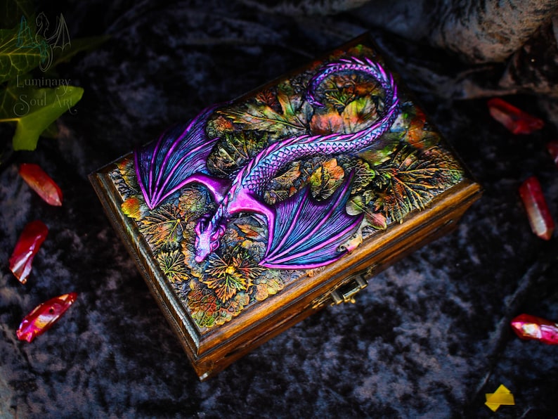 Golden dragon wooden chest Fantasy handmade mystical creatures box Brutal reptilian decoration box Gift for men husband father friend 23/08 image 10