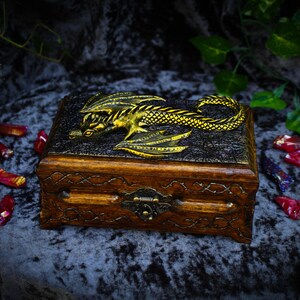Golden dragon wooden chest Fantasy handmade mystical creatures box Brutal reptilian decoration box Gift for men husband father friend 23/08 image 6