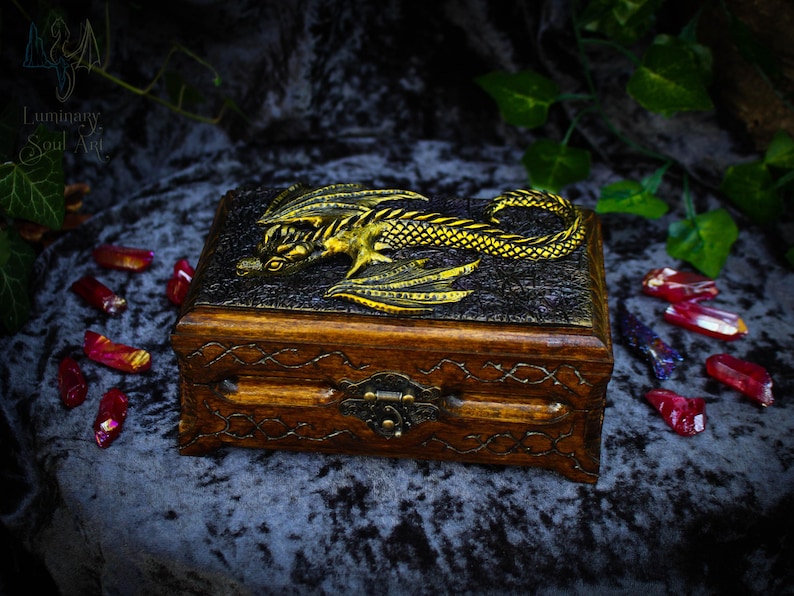 Golden dragon wooden chest Fantasy handmade mystical creatures box Brutal reptilian decoration box Gift for men husband father friend 23/08 image 6