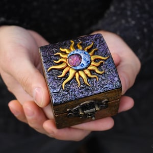 Handmade engagement ring box Personalized Sun & Moon ring bearer proposal box Fantasy wedding ring box Small wooden custom jewelry box 01.09