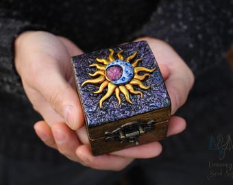 Handmade engagement ring box Personalized Sun & Moon ring bearer proposal box Fantasy wedding ring box Small wooden custom jewelry box 01.09