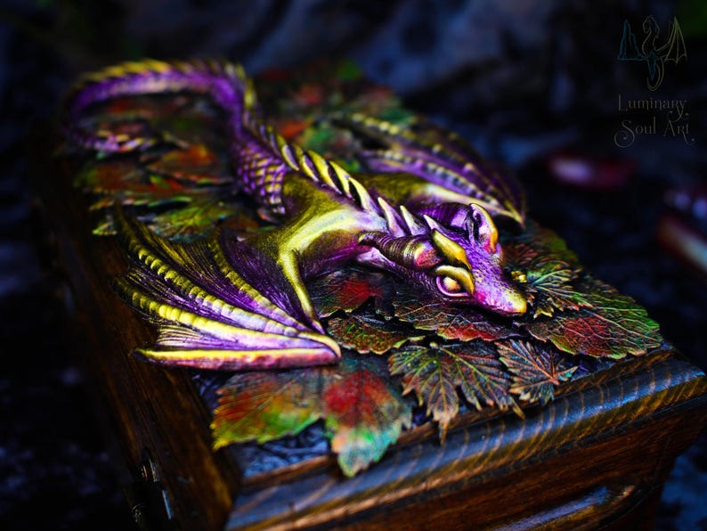 Golden dragon wooden chest Fantasy handmade mystical creatures box Brutal reptilian decoration box Gift for men husband father friend 23/08 image 15