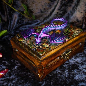 Golden dragon wooden chest Fantasy handmade mystical creatures box Brutal reptilian decoration box Gift for men husband father friend 23/08 Purple dragon box