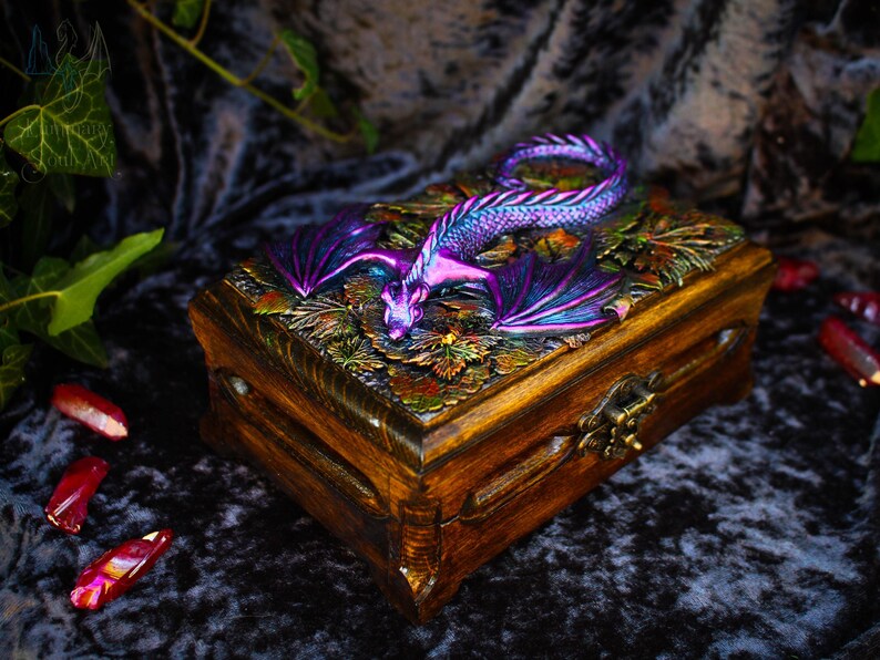 Golden dragon wooden chest Fantasy handmade mystical creatures box Brutal reptilian decoration box Gift for men husband father friend 23/08 Purple dragon box
