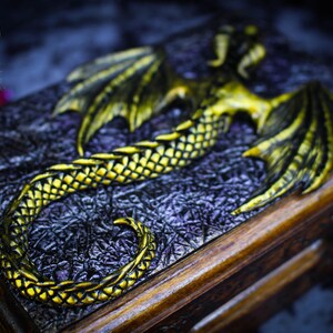 Golden dragon wooden chest Fantasy handmade mystical creatures box Brutal reptilian decoration box Gift for men husband father friend 23/08 image 4