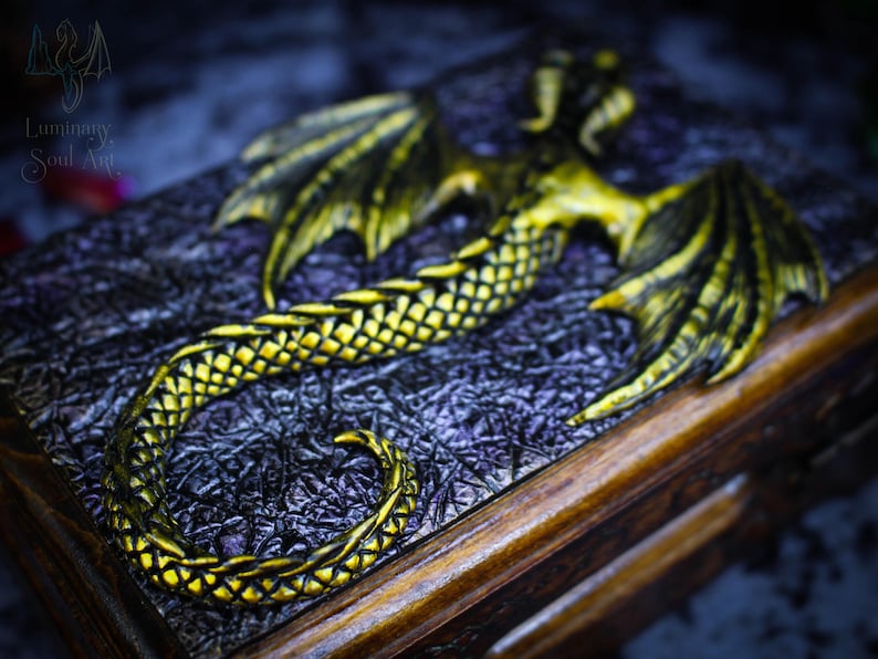 Golden dragon wooden chest Fantasy handmade mystical creatures box Brutal reptilian decoration box Gift for men husband father friend 23/08 image 4