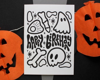 Halloween Theme Happy Birthday Greeting Card - Spooky Line Art, October Birthday, Ghost, Skull -  5x7in Blank Card