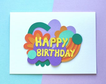 Handmade Abstract 3D Keepsake Greeting Card - Happy Birthday - Layered Paper Craft Design - Purple, Orange, Abstract Shapes - 5x7in