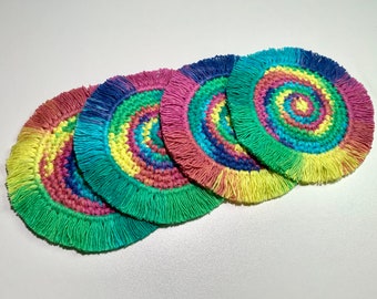 Rainbow Tie-dye Effect Crochet Coasters - Crochet Coffee Table Decor Homeware - Handmade 100% Cotton Coaster Set of 4 or 2