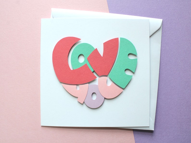 Handmade Greeting Card 3D Papercraft Love Card Anniversary, Wedding, Valentines, Birthday 6x6 Blank Card image 1