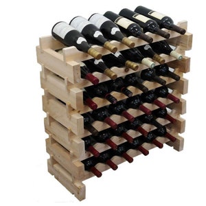 May include: A wooden wine rack with multiple shelves, each holding rows of wine bottles. The rack is made of natural wood and has a rustic appearance.