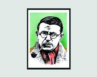 Jean-Paul Sartre Portrait - Signed Fine Art Print | Literary Print | Gift for Lovers of Literature | Teacher Gift | Modern Home Decor