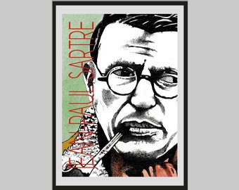 Jean-Paul Sartre Author Poster | Contemporary A2 Portrait Poster | Literary Print | Gift for Lovers of Literature | Modern Home Decor