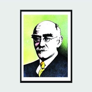 May include: A framed portrait of a man with glasses, a mustache, and a yellow tie. The portrait has a green and yellow background. The man is wearing a dark suit and a white shirt.