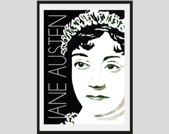 May include: A framed art print depicting Jane Austen. The artwork is a black and white illustration with the author's name in white text. The portrait shows a woman wearing a floral headpiece.