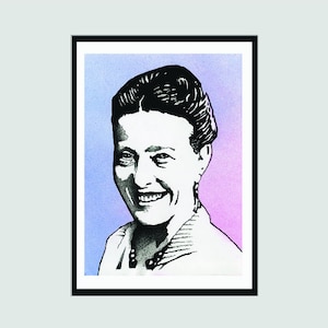 May include: Black and white portrait illustration of a woman smiling. The background is a gradient of blue and pink.