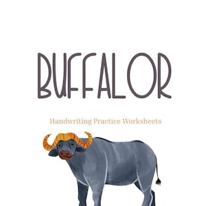 May include: Handwriting practice worksheet with the text "Handwriting Practice" and "WORKSHEET". The image also includes a drawing of a buffalo with the text "BUFFALOR". The worksheet is 86 pages.