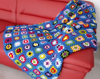 Couverture patchwork 120x200, bleu, XXL, crochet, plaid, carré grand-mère, fait main, look vintage, cadeau