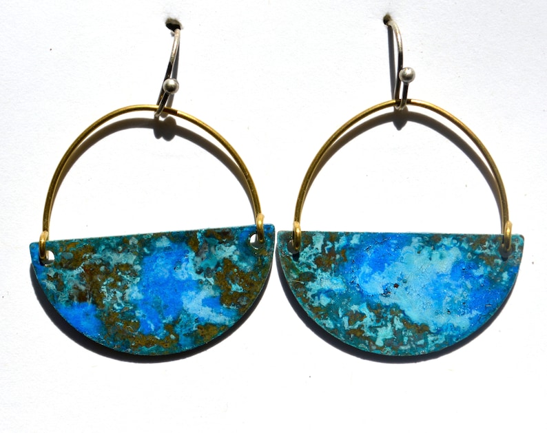 Half Circle Patina Earrings Copper Dangle Earrings Patina Copper Boho Blue Patina Copper Patina Rustic Patina Green Verdigris Earrings