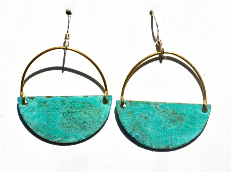 Half Circle Patina Earrings Copper Dangle Earrings Patina Copper Boho Blue Patina Copper Patina Rustic Patina Green Verdigris Earrings