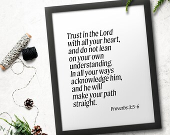 Trust In The Lord With All Your Heart Scripture Quote Downloadable Print, Christian Wall Art, Bible Verse Christmas Gift Typography Print