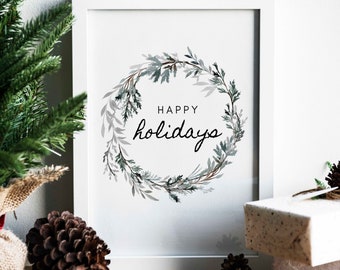 Happy Holidays Holiday Wreath Printable Home Decor Wall Art DIY 8x10 Christmas Print Holiday Sign Coffee Bar Sign Instant Download