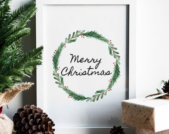 Merry Christmas Holiday Wreath Printable Home Decor Wall Art DIY 8x10 Christmas Print Holiday Sign Coffee Bar Sign