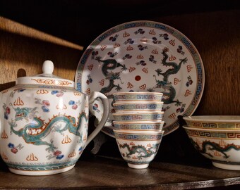 Auténtico juego de té chino de porcelana Jingdezhen con motivo de dragón verde