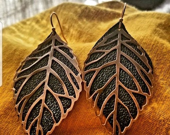 Upcycled Leather Leaf Earrings: Antiqued Copper Wire, Hypoallergenic