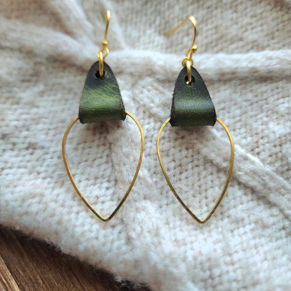 Handmade Leather Teardrop Earrings: Sterling Silver Wire, 2 inch