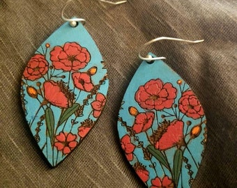 Poppy Flower vibrant dangle Earrings Handpainted lightweight wood jewelry