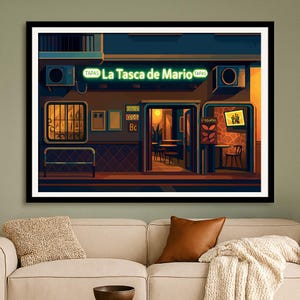 May include: A framed art print of a restaurant facade at night. The neon sign reads "La Tasca de Mario" with "TAPAS" on either side. The print features a blue and orange color scheme, with details like air conditioning units and a wrought iron window.