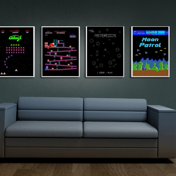 Posters inspired by old video game - Galaga, Donkey Kong, Moon patrol, Asteroids - set of 4 illustrations, printable wall art