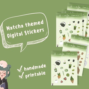 May include: A set of digital stickers featuring a matcha theme. The stickers include illustrations of matcha drinks, desserts, and other matcha-related items. The stickers are labeled "cafe kenna" and are designed to be printed.