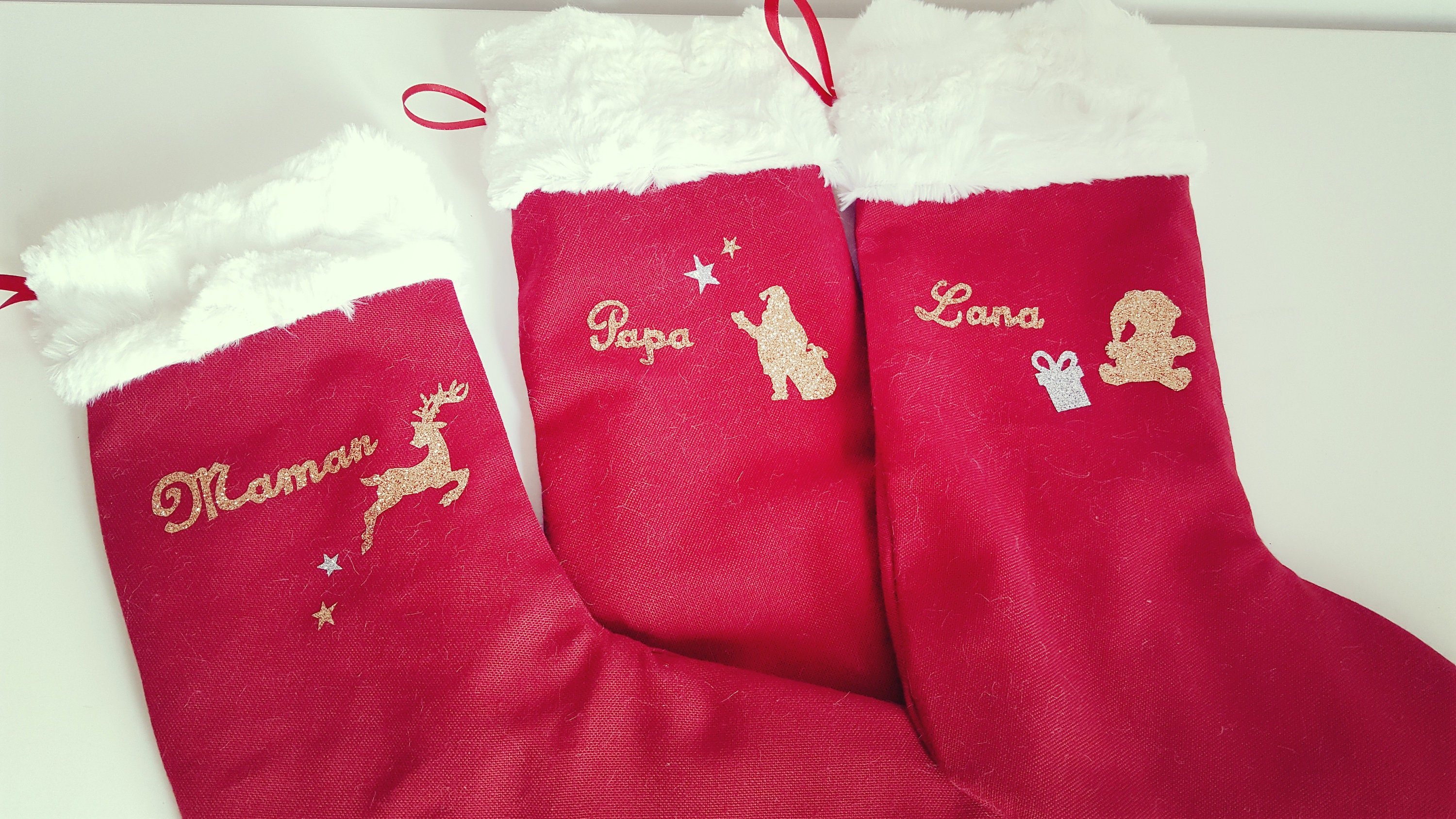 Chaussette de Noël Qualité, Personnalisée avec Prénom Et/Ou Motifs, Fourure Blanche Doucerouge/Borde