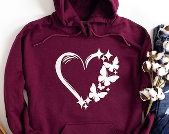 Heart Butterfly Hoodie, Valentines Day Hoodie, Hand Drawn Heart Hoodie, Kindness Hoodie, Valentines Day Gift, Gift For Her, Love Hoodie