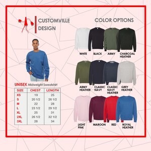 Puede incluir: Se muestra una sudadera unisex de peso medio azul. Las opciones de color incluyen blanco, negro, verde militar, brezo carb&oacute;n, brezo militar, azul marino cl&aacute;sico, brezo azul marino cl&aacute;sico, brezo gris, rosa claro, granate, rojo y brezo real. Tabla de tallas incluida.