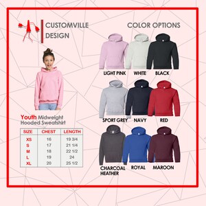 K&ouml;nnte beinhalten: Ein rosa Kapuzenpullover f&uuml;r Jugendliche wird gezeigt. Farboptionen sind Hellrosa, Wei&szlig;, Schwarz, Sportgrau, Marine, Rot, Anthrazit-Melange, Royalblau und Bordeaux. Gr&ouml;&szlig;entabelle mit Ma&szlig;en in cm.