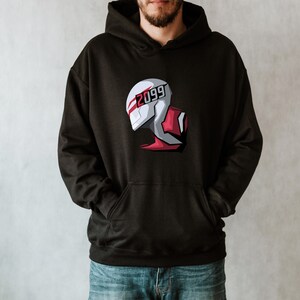 May include: Black hooded sweatshirt featuring a graphic of a futuristic helmet design with the number "2099" in white. The helmet has white, red, and gray accents. The sweatshirt has a front pocket and a drawstring hood.