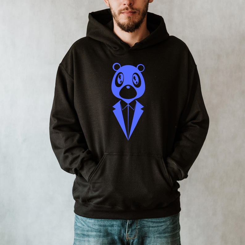 May include: Black hooded sweatshirt featuring a blue panda bear design wearing a suit. The panda's face is centered on the chest, with a stylized suit design below. The sweatshirt has a kangaroo pocket and a drawstring hood.