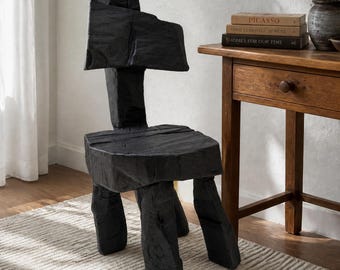 Brutalist Skulptural Stuhl, Geschnitzt, Massivholz, Eiche, Schwarz, Rustikal, Logniture